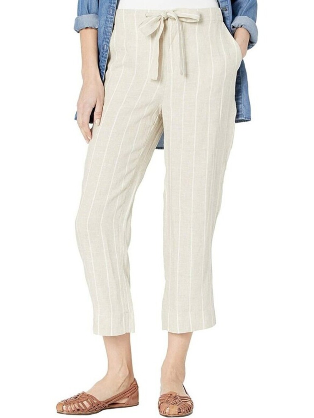 SANCTUARY The Shayne Stripe Tie Waist Linen Crop Pants - Size 32